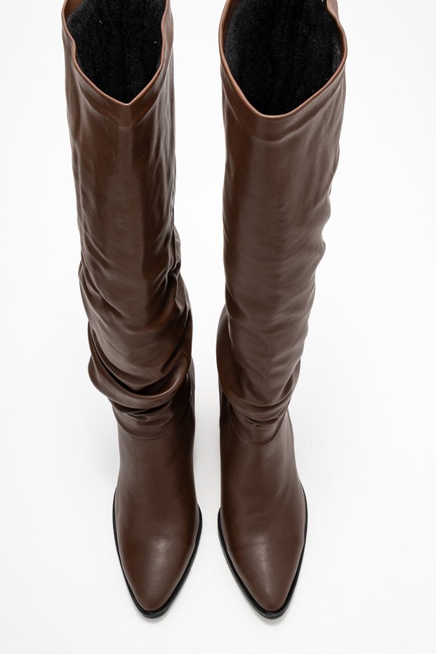 120 Brown Skin Gusseted Women's Thick Heeled Boots