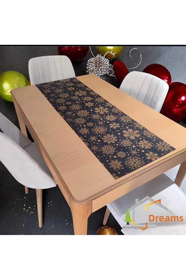 Snowy New Year Black Snowflake Patterned Flat Edge Rectangular Runner - 1