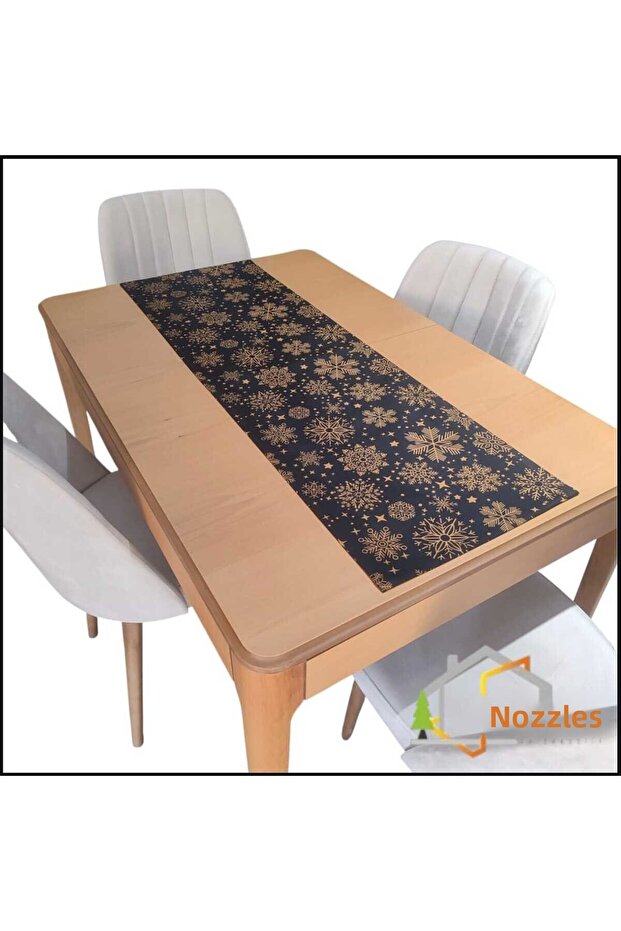 Snowy New Year Black Snowflake Patterned Flat Edge Rectangular Runner - 4