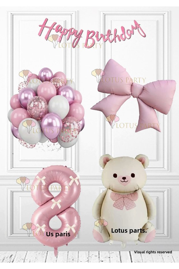 Pink Bow Set Cream-Colored Ribbon Bear with Ribbon Number Pink Bow Pink Color Number 8 Years Old