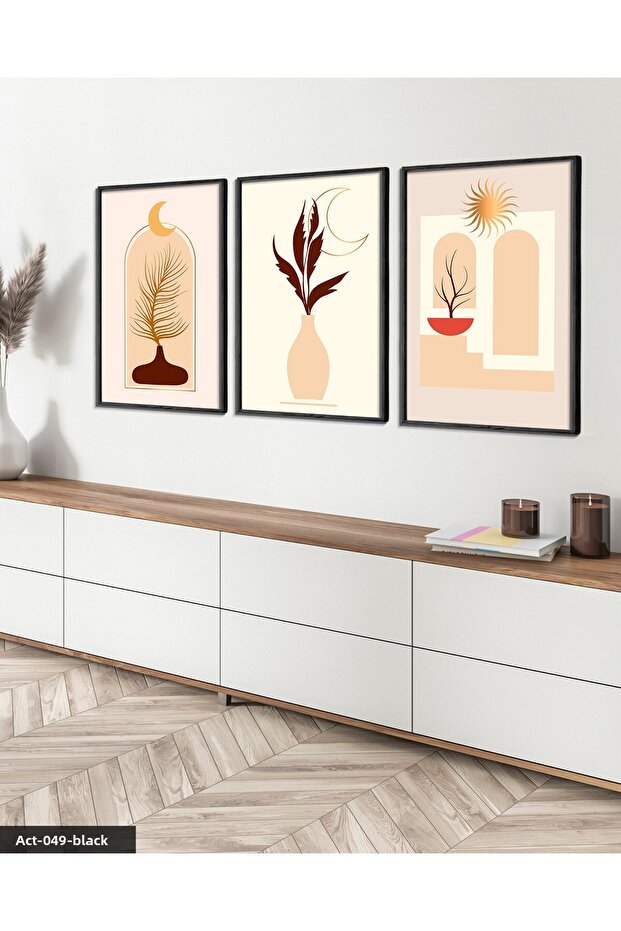 Abstract Design Drawing Bohemian Style 3 Piece Black Wooden Framed Painting