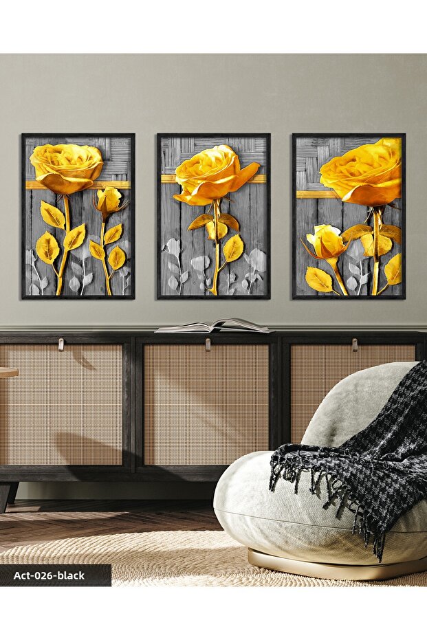 Gold Flower 3 Piece Black Wooden Framed Painting