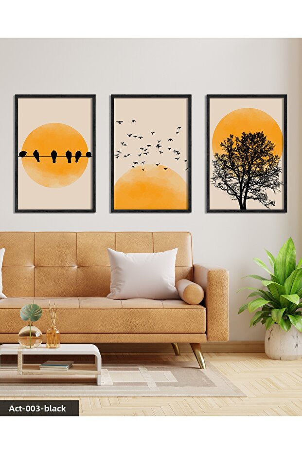 Abstract Nature Tree Birds Sun 3 Piece Black Wooden Framed Painting