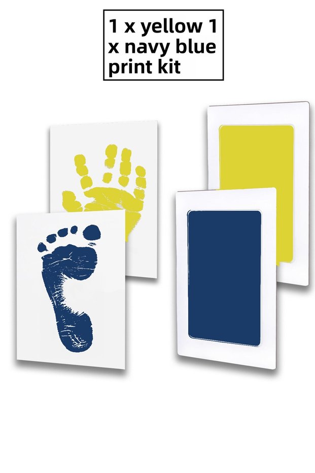 Yellow-Navy Blue Baby Hand Footprint Set, Non-Toxic Printing Kit, Does Not Contact Baby's Skin with Ink