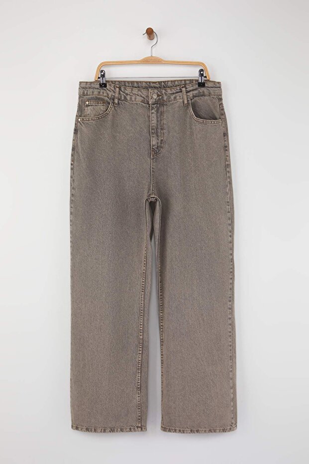 Gri Yüksek Bel Geniş Paça Denim Büyük Beden Jeans TBBSS24CJ00028 - 5