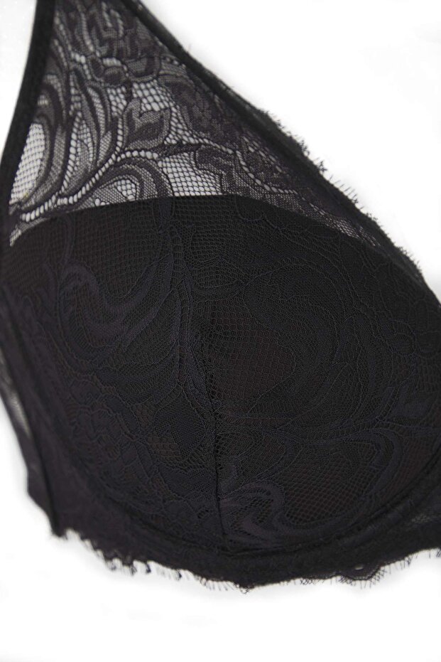 Siyah Dantelli Sabit Sünger Kaplı T-Shirt Bra Büyük Beden Sütyen TBBAW26CW00000 - 3