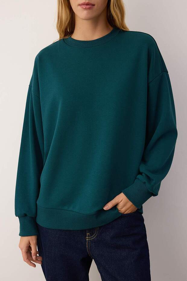 Zümrüt Yeşili Oversize/Bol Kesim Bisiklet Yaka Kalın Şardonsuz Örme Sweatshirt TWOAW26SW00029 - 4