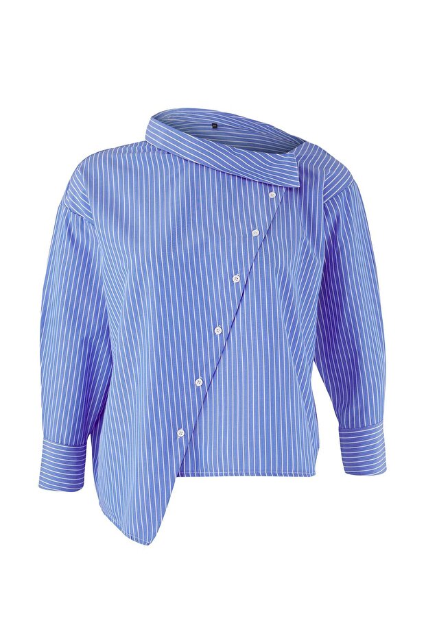 Kék csíkos aszimmetrikus nyakú, alacsony ujjú szövött nagy méretű ing TBBAW26AX00011 - 5