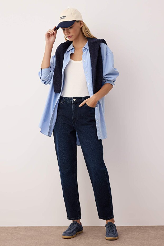 Gece Mavisi Yüksek Bel YENİ MOM %100 pamuk Non-Stretch Jeans TWOAW26JE00054 - 1