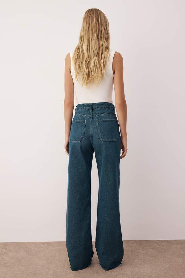 Koyu Mavi Paça Kesikli Ekstra Yüksek Bel Geniş Paça Wide Leg Jeans TWOAW26JE00080 - 4