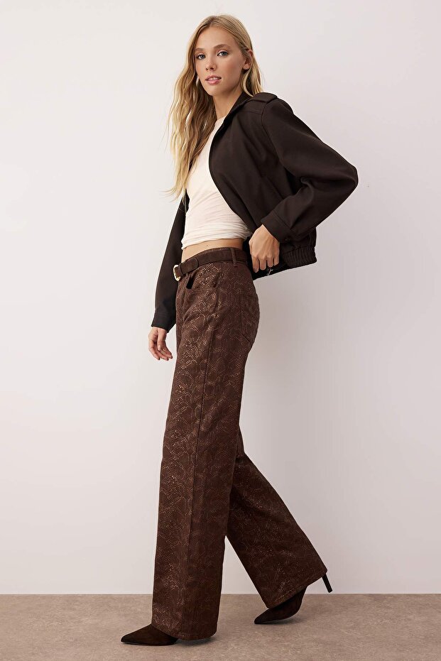 Kahverengi Yılan Desenli Yüksek Bel Wide Leg Jeans TWOAW26JE00153 - 3