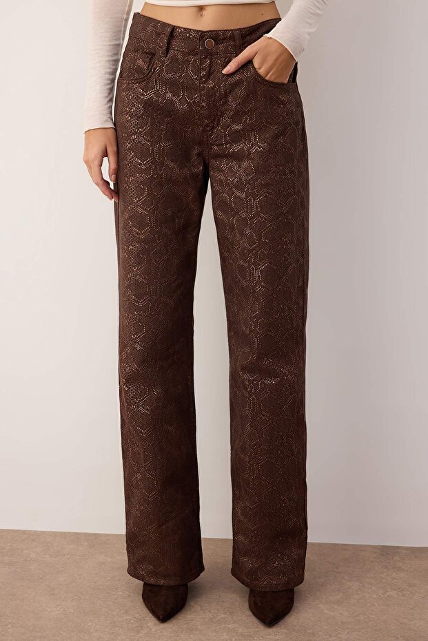Kahverengi Yılan Desenli Yüksek Bel Wide Leg Jeans TWOAW26JE00153 - 1