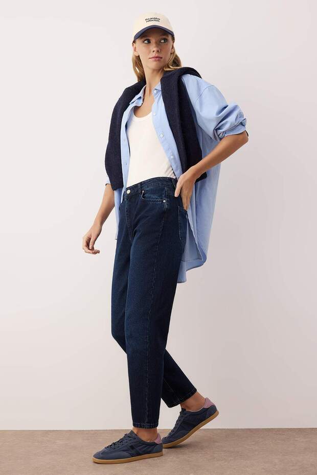 Gece Mavisi Yüksek Bel YENİ MOM %100 pamuk Non-Stretch Jeans TWOAW26JE00054 - 2