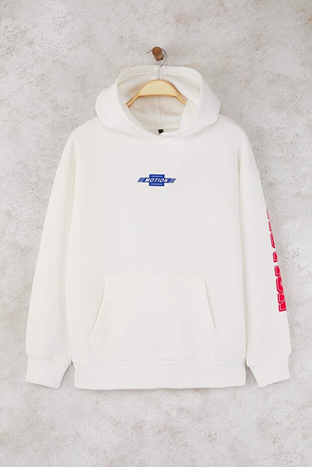 Teen Ekru Oversize/Geniş Kalıp Slogan Baskılı Kalın İçi Polarlı Örme Sweatshirt TWOAW26SW00163 - 7