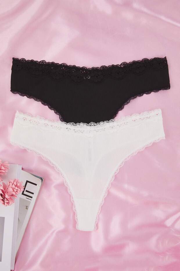 Siyah-Beyaz 2'li Paket Örme Esnek Tanga Büyük Beden Külot TBBAW26CM00001 - 2