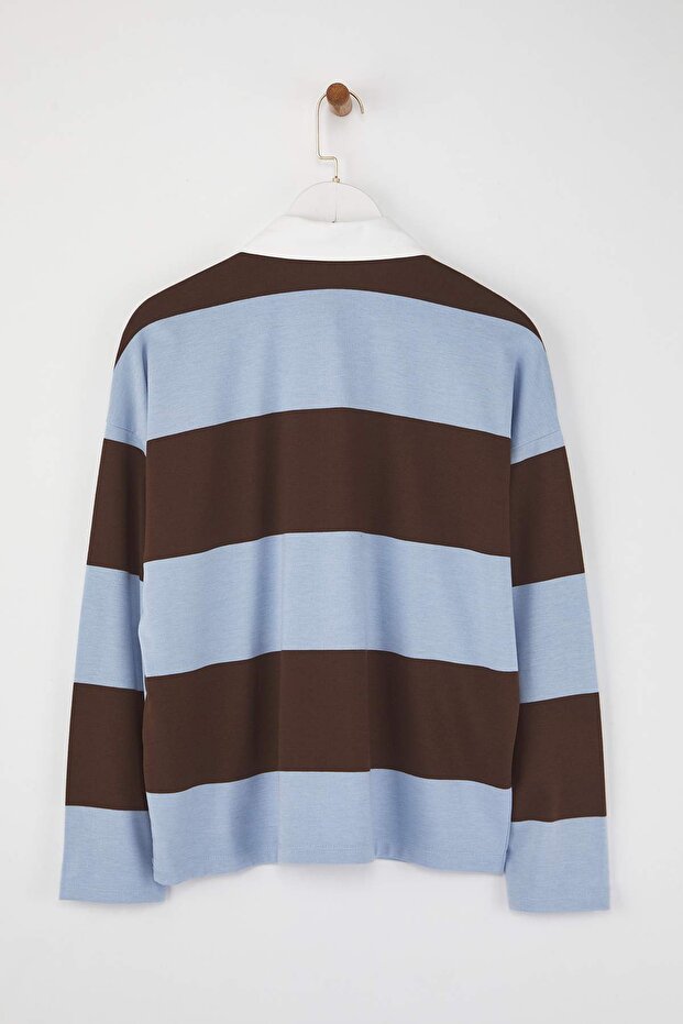 Kahverengi Çizgili Polo Yaka Oversize/Geniş Kalıp Örme Sweatshirt TWOAW26SW00051 - 6
