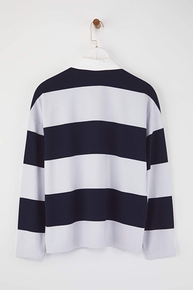 Lacivert Çizgili Polo Yaka Oversize/Geniş Kalıp Örme Sweatshirt TWOAW26SW00051 - 6