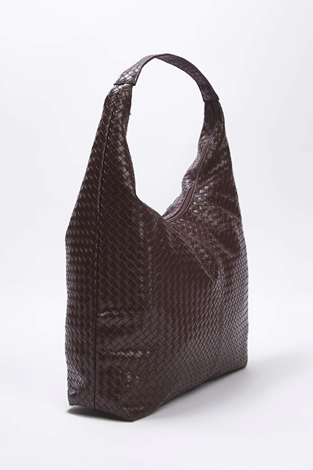 Kahverengi Örgü Desenli Büyük Maxi Tote Kadın Maksi Boy Omuz Çantası TAKAW26OC00045 - 5