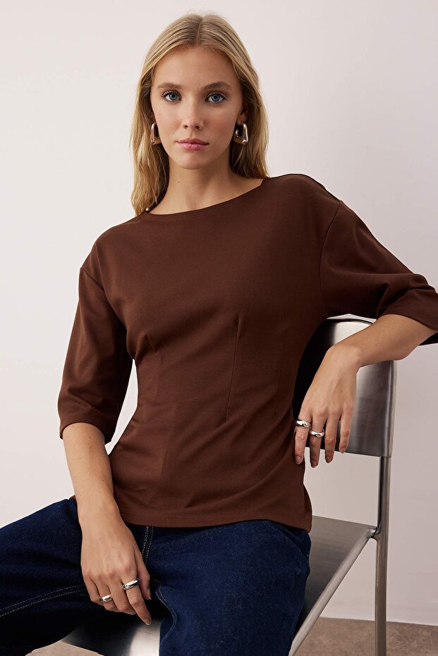 Kahverengi Interlok Peplum/Belden Oturmalı Esnek Örme Bluz TWOAW26BZ00187 - 1