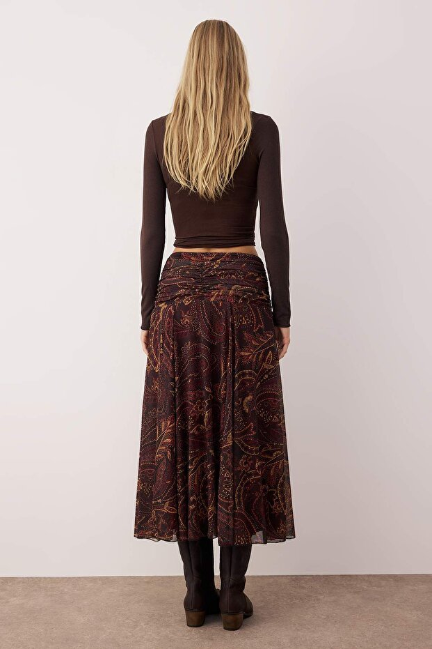 Çok Renkli Maxi Büzgü/Drape Detaylı Boho/Boho Chic Basklılı Tül Esnek Örme Etek TWOAW26ET00122 - 9