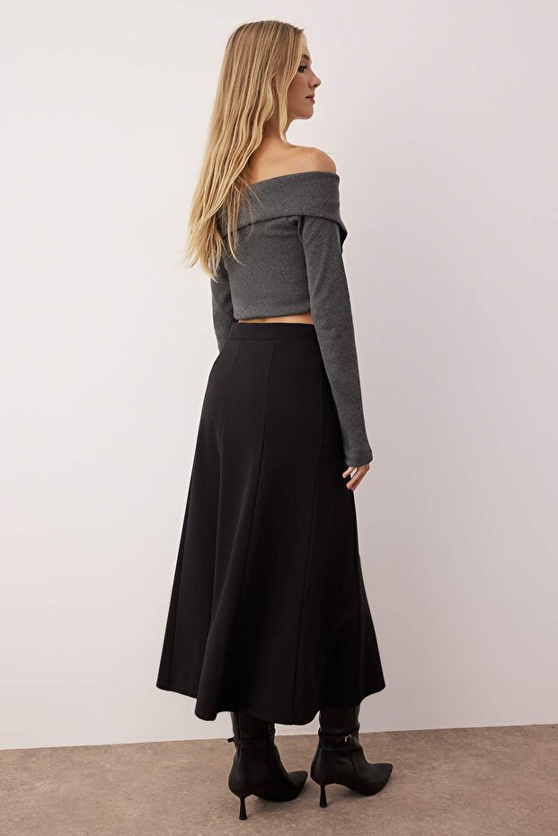 Siyah Kloş Maxi Esnek Midi Örme Etek TWOSS24ET00156 - 8