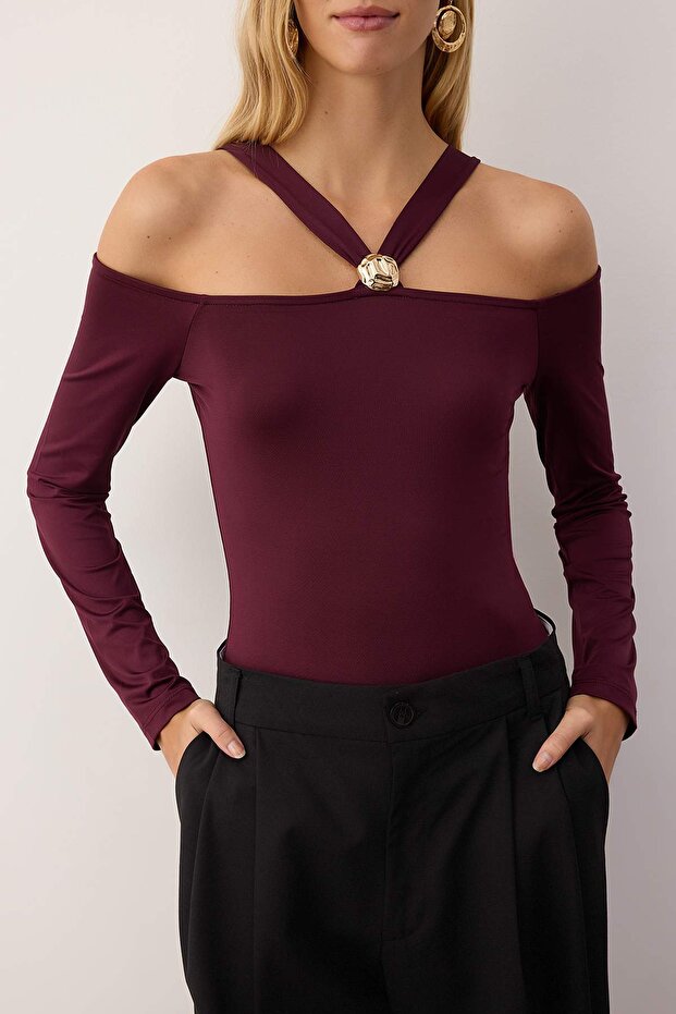 Mürdüm Aksesuar Detaylı Çıtçıtlı Esnek Örme Body TWOAW26BD00003 - 3