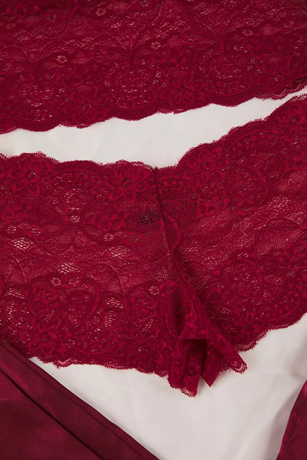 Bordo 3'lü Çeyiz Set Üst Dantel, Alt Saten Askılı Külotlu Dokuma Pijama Takımı THMAW26PT00077 - 7