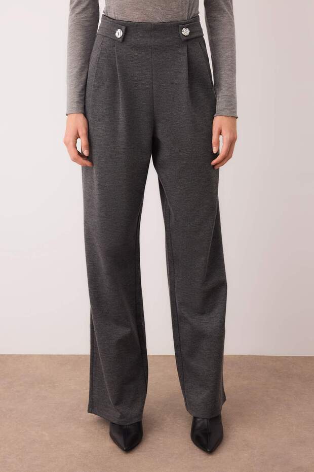 Antrasit Diagonel Pileli Düğmeli Wide Leg/Geniş Paça Örme Pantolon TWOAW26PL00041 - 3