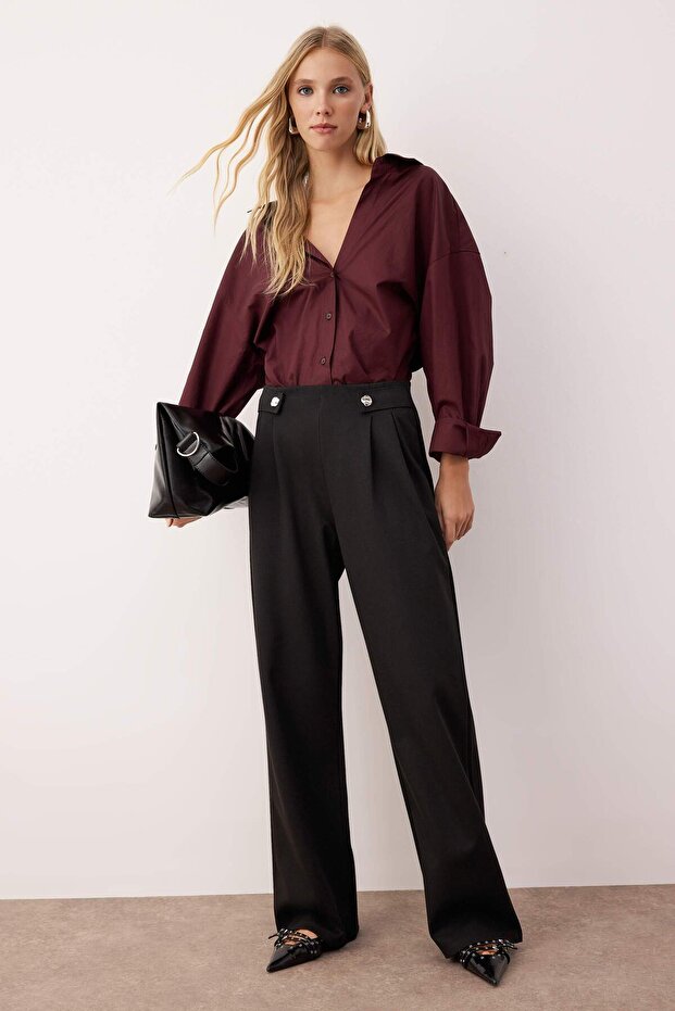 Siyah Diagonel Pileli Düğmeli Wide Leg/Geniş Paça Örme Pantolon TWOAW26PL00041 - 1