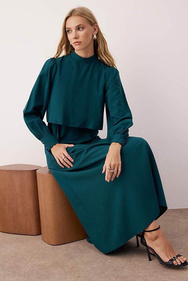 Grünes Aller-Kleid mit detaillierten Webteilen TCTSS24EB00190 - 2