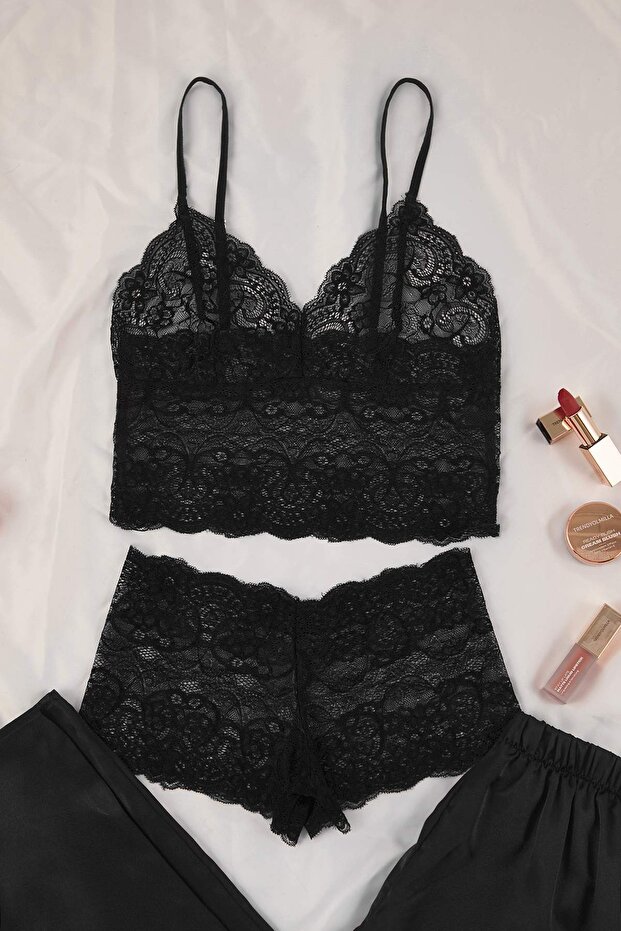 Siyah 3'lü Çeyiz Set Üst Dantel, Alt Saten Askılı Külotlu Dokuma Pijama Takımı THMAW26PT00077 - 6