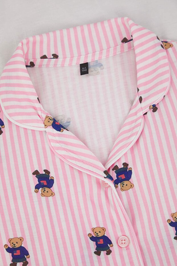 Pembe Yumuşak Dokulu Kız Çocuk Desenli Gömlek Yaka Regular Örme Pijama Takımı TKDAW26PT00006 - 4