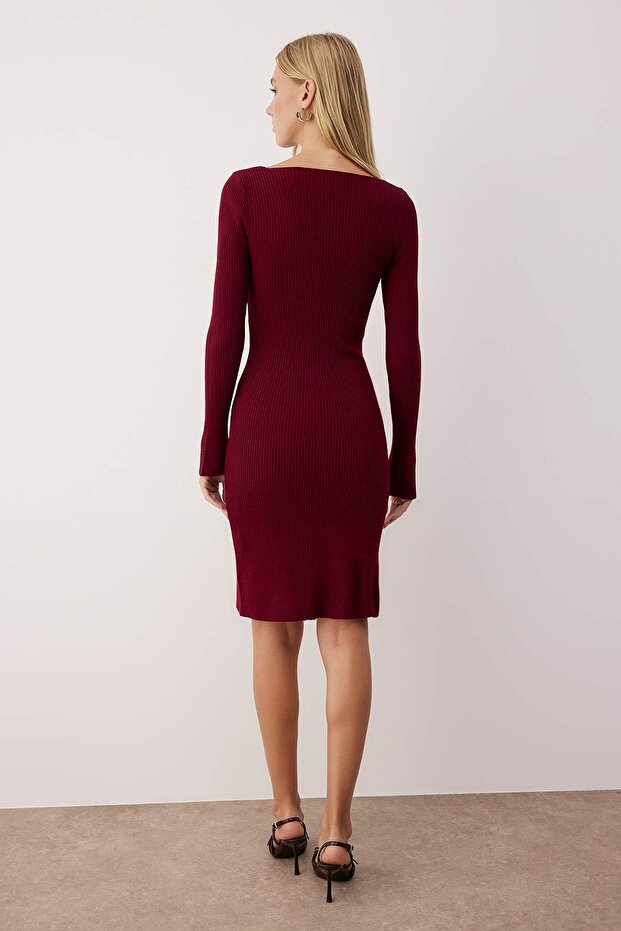 Bordo V Yaka Düz Kısa / Mini V Yaka Bodycone Triko Elbise TWOAW26EL00052 - 4