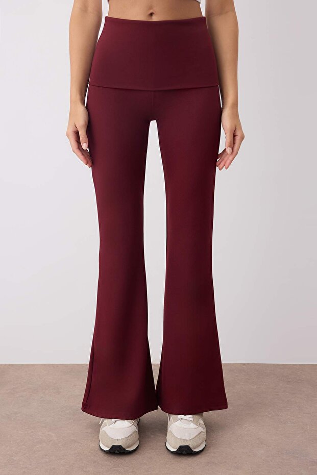 Bordo Fırçalı Soft Kumaş Bel Katlama Detaylı Flare/İspanyol Paça Yoga Örme Spor Tayt THMAW26TY00001 - 3
