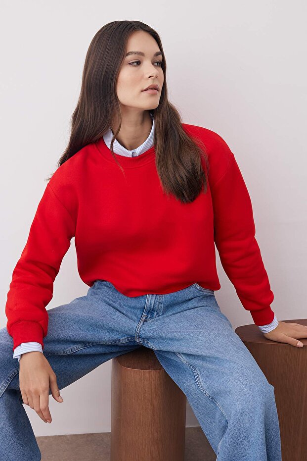 Kırmızı Kalın İçi Polarlı Bisiklet Yaka Crop Örme Sweatshirt TWOAW26SW00093 - 1