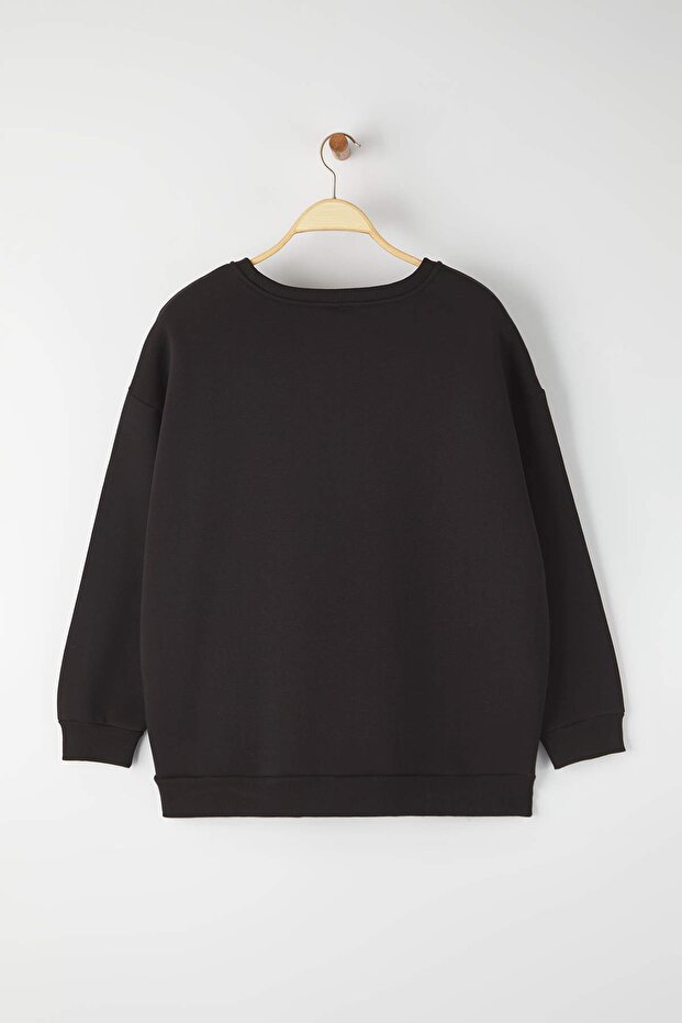 Siyah Oversize/Rahat Kesim Basic Bisiklet Yaka Kalın/İçi polarlı Örme Sweatshirt TBBAW25AO00008 - 8
