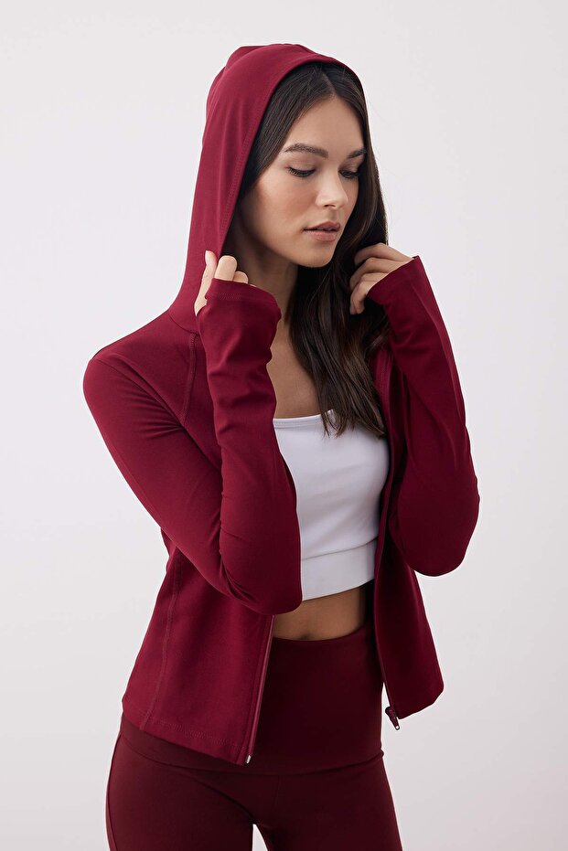 Bordo Soft Fırçalı Kumaş Kapüşonlu ve Reflektör Baskılı Örme Spor Ceket THMAW26SK00000 - 2