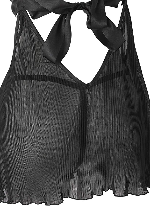 Siyah Tül Piliseli ve Sırt Kurdele/Fiyonk/Bağlamalı Külotlu Babydoll/Fantezi Gecelik THMAW26CY00000 - 7