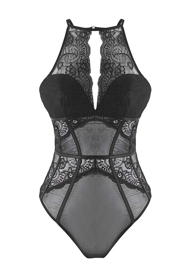 Siyah Dantel Biye Detaylı Kaplı Örme Body THMAW26BD00000 - 5