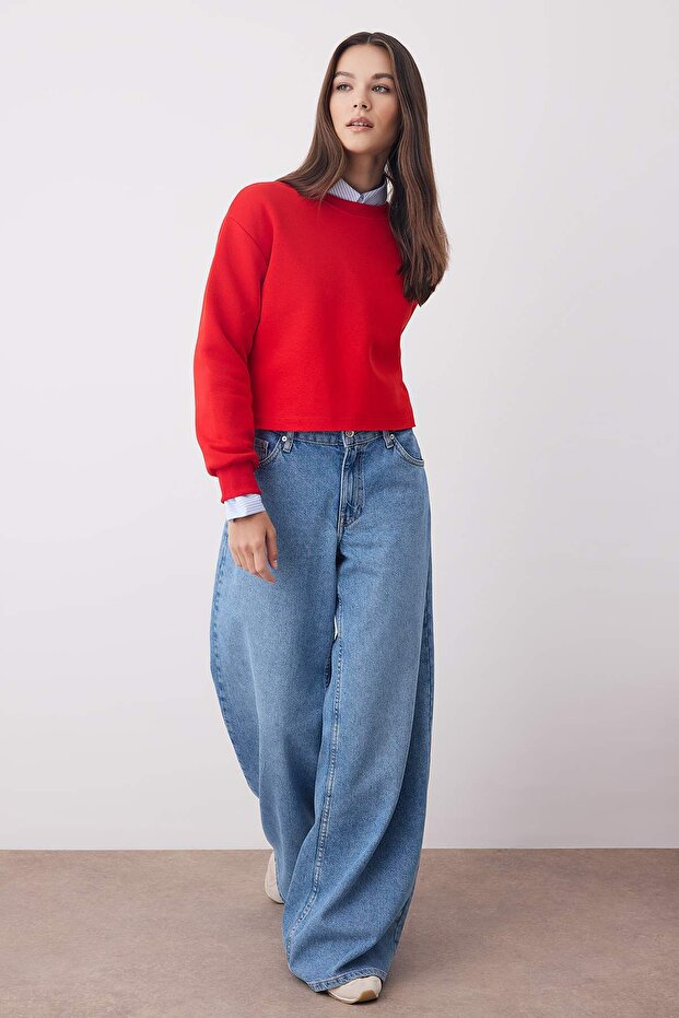 Kırmızı Kalın İçi Polarlı Bisiklet Yaka Crop Örme Sweatshirt TWOAW26SW00093 - 2