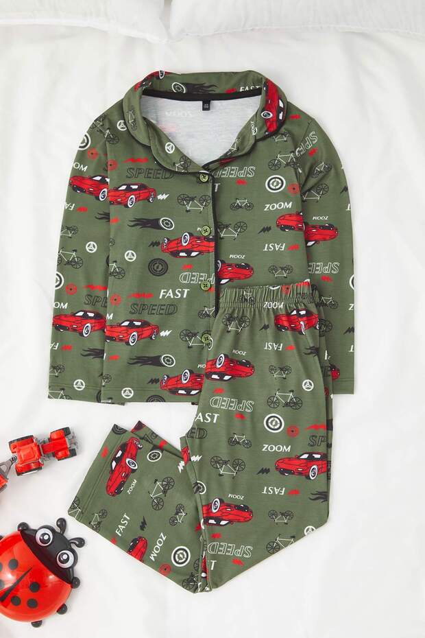 Haki Yumuşak Dokulu Erkek Çocuk Baskılı Örme Pijama Takım TKDAW25AU00110 - 5