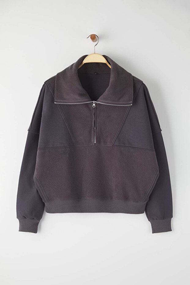 Antrasit Regular/Normal Kalıp Polar Fermuarlı Cep Detaylı Kalın Örme Sweatshirt TWOAW26SW00009 - 5