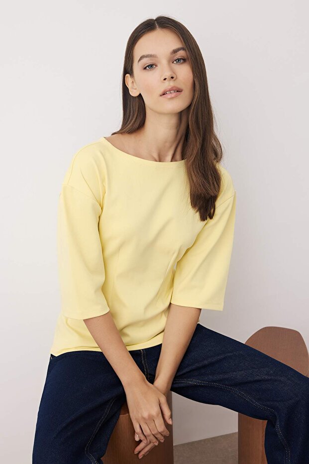Sarı Interlok Peplum/Belden Oturmalı Esnek Örme Bluz TWOAW26BZ00187 - 2