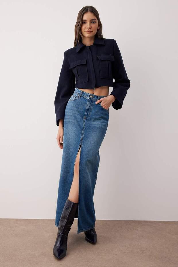 More Sustainable Mavi Yırtmaçlı Maxi Denim Etek TWOAW24ET00058 - 1