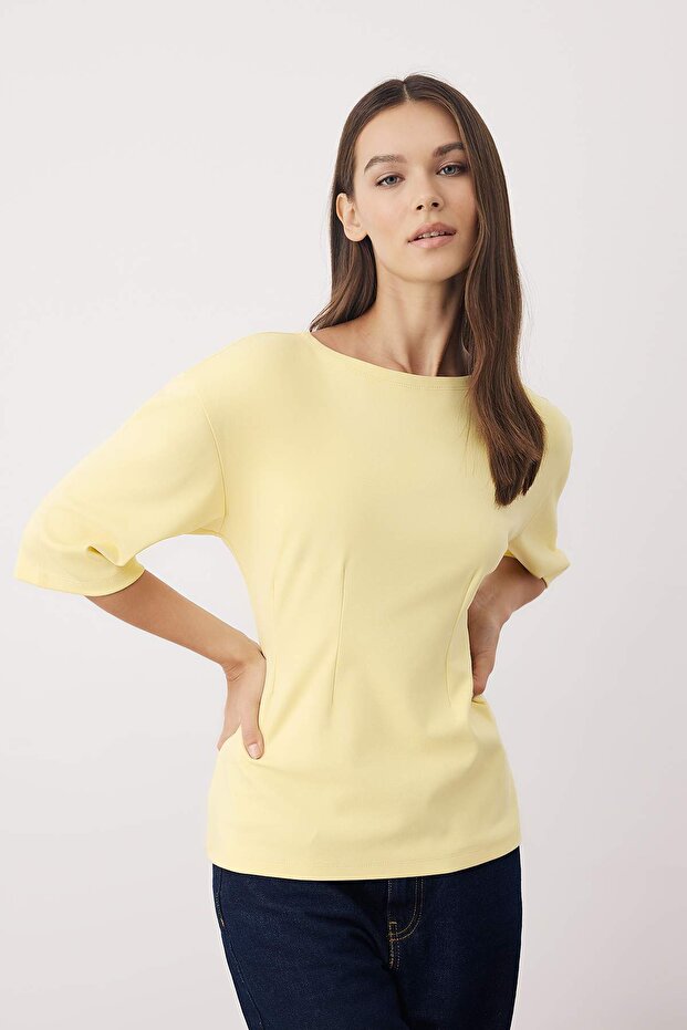 Sarı Interlok Peplum/Belden Oturmalı Esnek Örme Bluz TWOAW26BZ00187 - 1