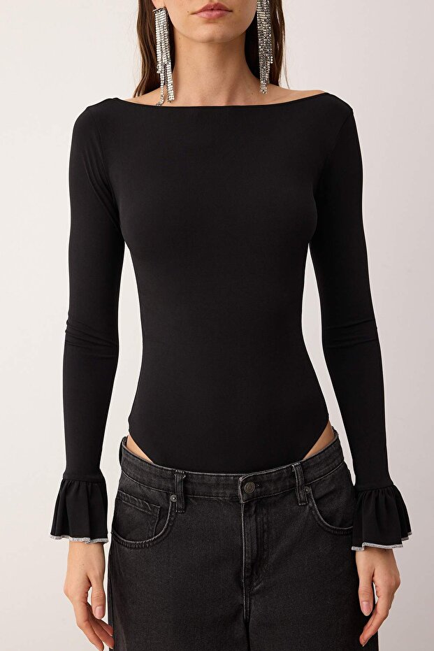 Siyah Kayık Yaka Örme Body TPRAW26BD00025 - 4