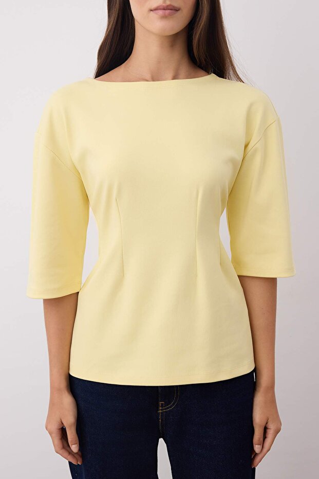 Sarı Interlok Peplum/Belden Oturmalı Esnek Örme Bluz TWOAW26BZ00187 - 3