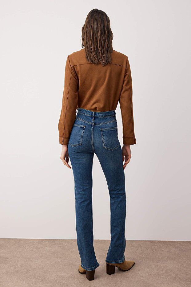 Тъмно сини тесни дънки с прорез със супер висока талия TWOSS22JE0643 - 4