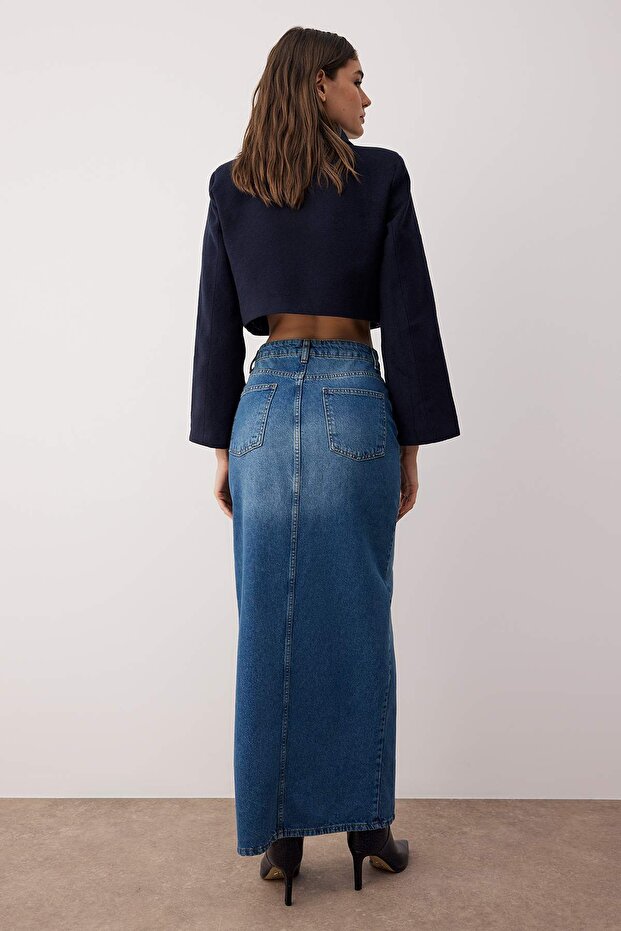 More Sustainable Mavi Yırtmaçlı Maxi Denim Etek TWOAW24ET00058 - 5
