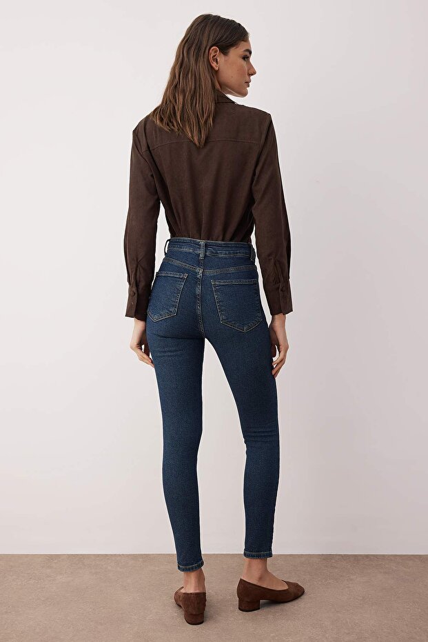 Lacivert Vücudu Saran Yüksek Bel Ekstra Esnek Skinny Jeans TWOAW24JE00068 - 4